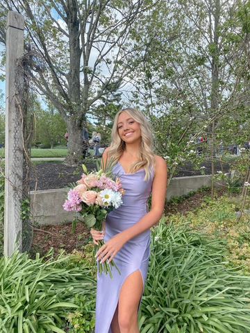 Light Purple Side Slit Satin Prom Dress Long Party Dress Evening Dress HZ1023